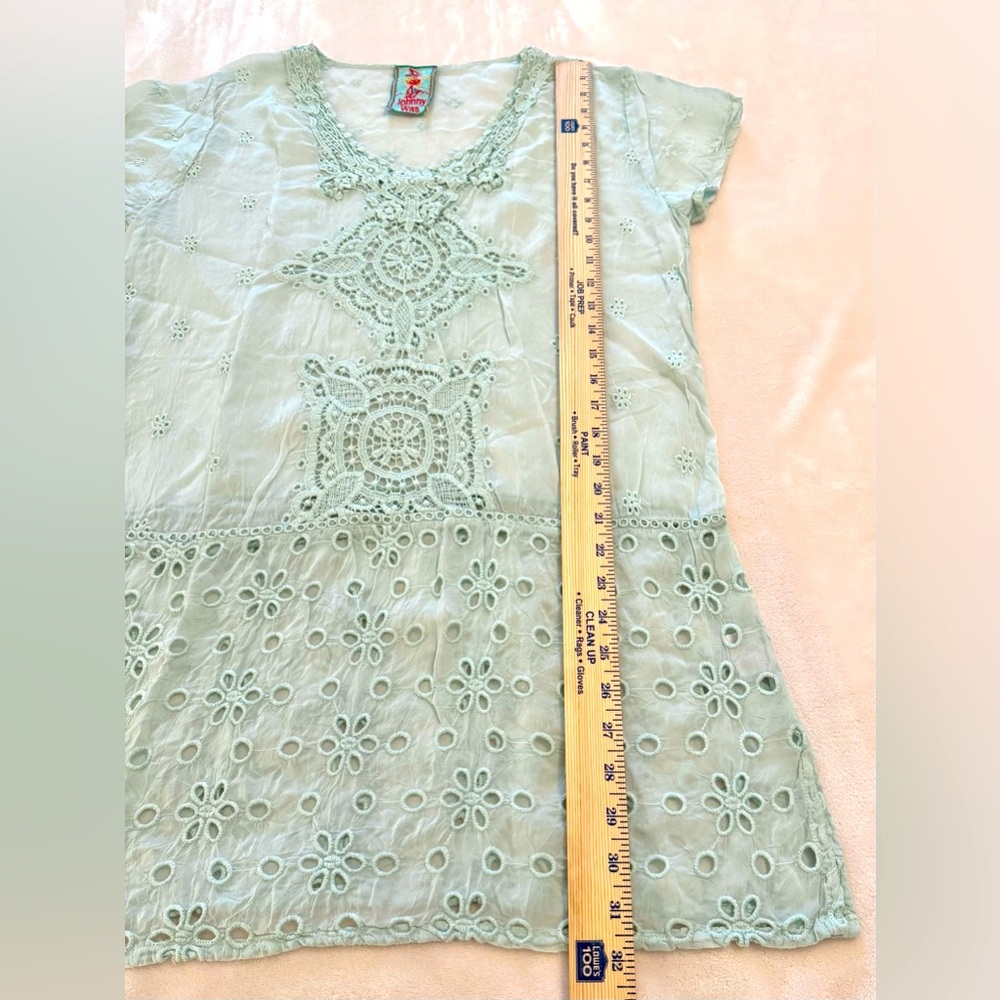 Johnny Was Kelso Eyelet Tunic Womens Sz S Short Sleeve Long Top in Arctic Mist - Picture 10 of 12